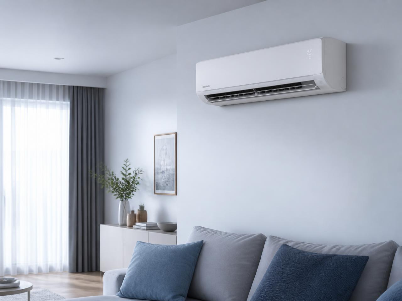 Climatiseur split mural moderne installé dans un salon lumineux